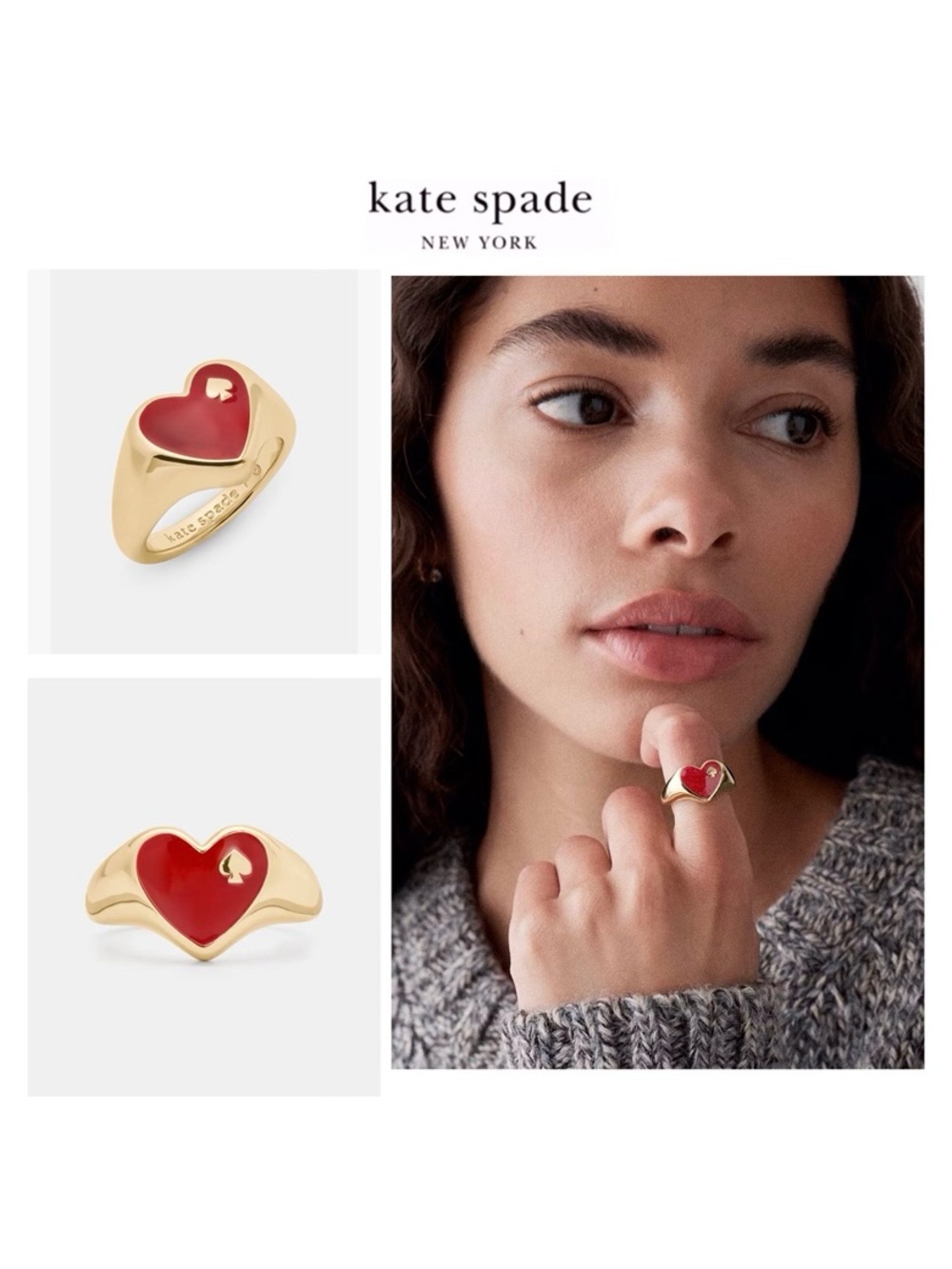 NWT Kate Spade HEART & SPADE ♠️ 12-K Gold Plated Coated Enamel Signet Ring